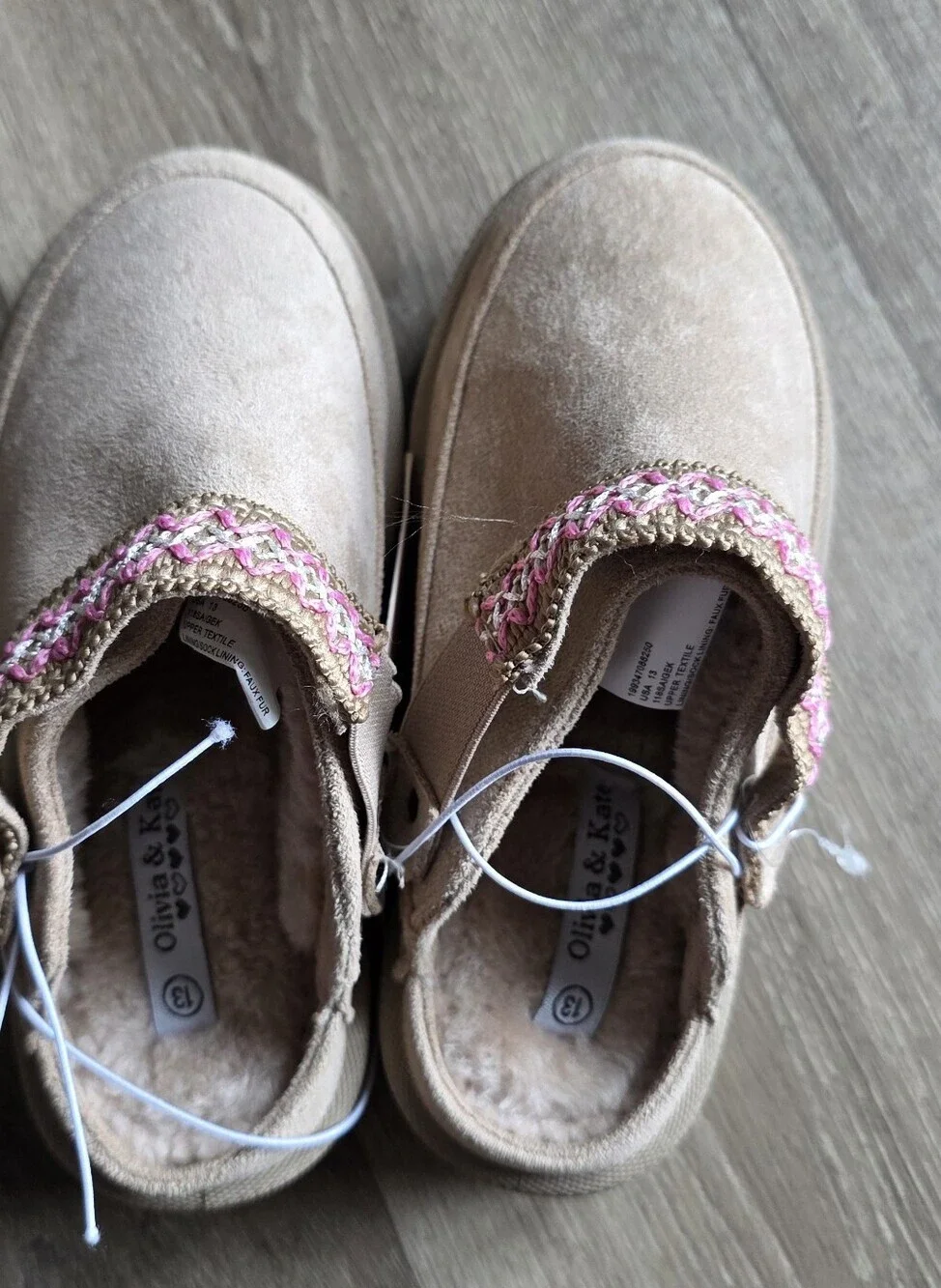 Girls Tan Slip-On Slippers with Pink Woven Trim